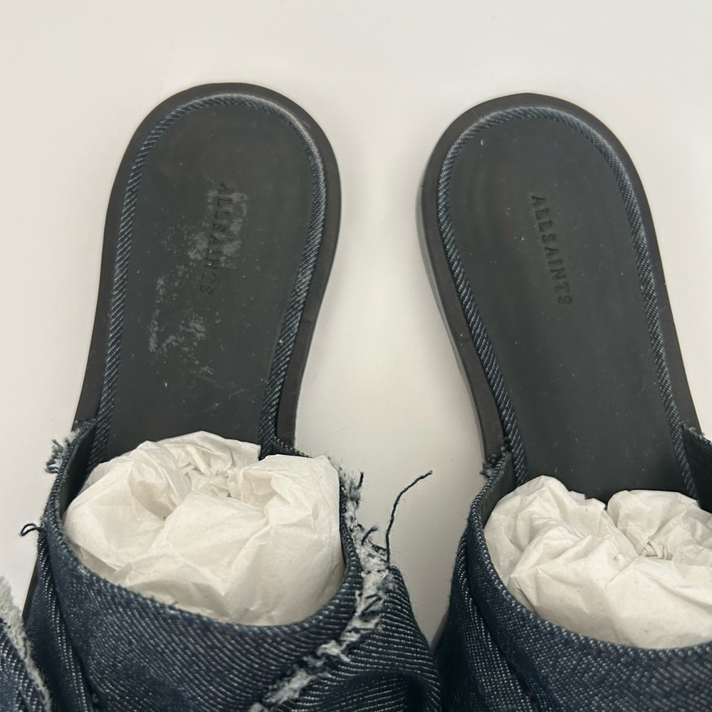 AllSaints Flats Rumour Dark Denim Bow Slip On Mules Shoes Sandals Size 37 - Picture 5 of 9